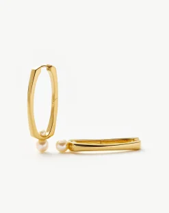 Button Pearl Ovate Hoop Earrings