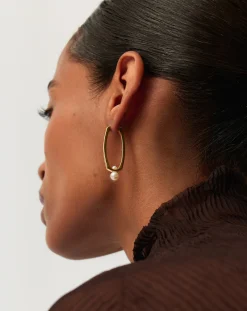 Button Pearl Ovate Hoop Earrings