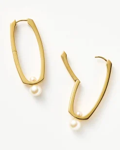 Button Pearl Ovate Hoop Earrings