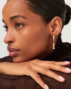 Button Pearl Ovate Hoop Earrings