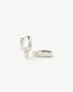 Button Pearl Square Hoop Earrings