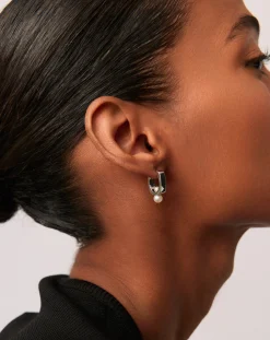 Button Pearl Square Hoop Earrings