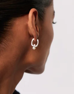 Button Pearl Square Hoop Earrings
