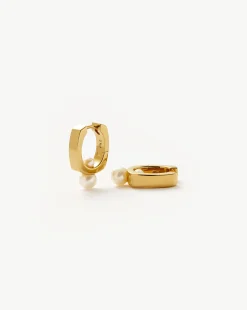 Button Pearl Square Small Hoop Earrings