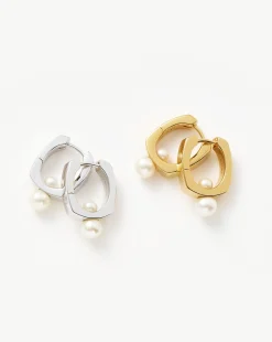 Button Pearl Square Small Hoop Earrings