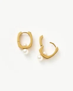 Button Pearl Square Small Hoop Earrings