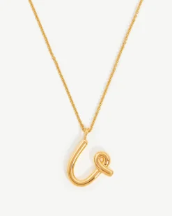 Curly Molten Initial Pendant Necklace - Initial U