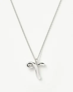 Curly Molten Initial Pendant Necklace - Initial T