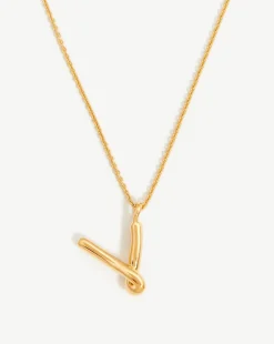 Curly Molten Initial Pendant Necklace - Initial V