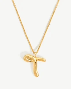 Curly Molten Initial Pendant Necklace - Initial T