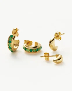 Dome & Gemstone Mini Hoop Earring Set