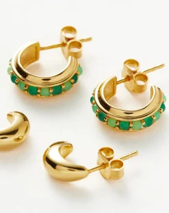 Dome & Gemstone Mini Hoop Earring Set