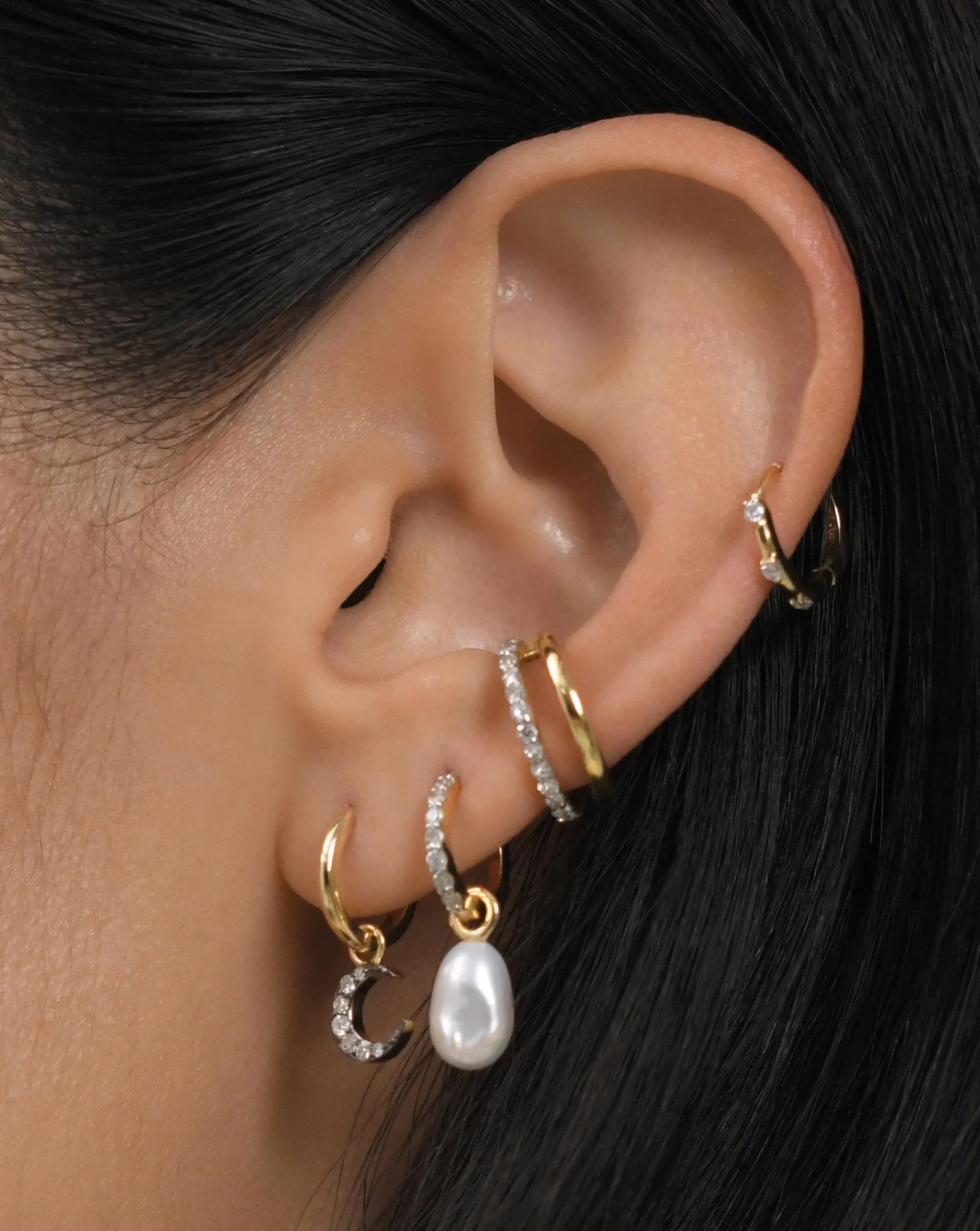Fine Diamond Single Moon Charm Hoop Earring