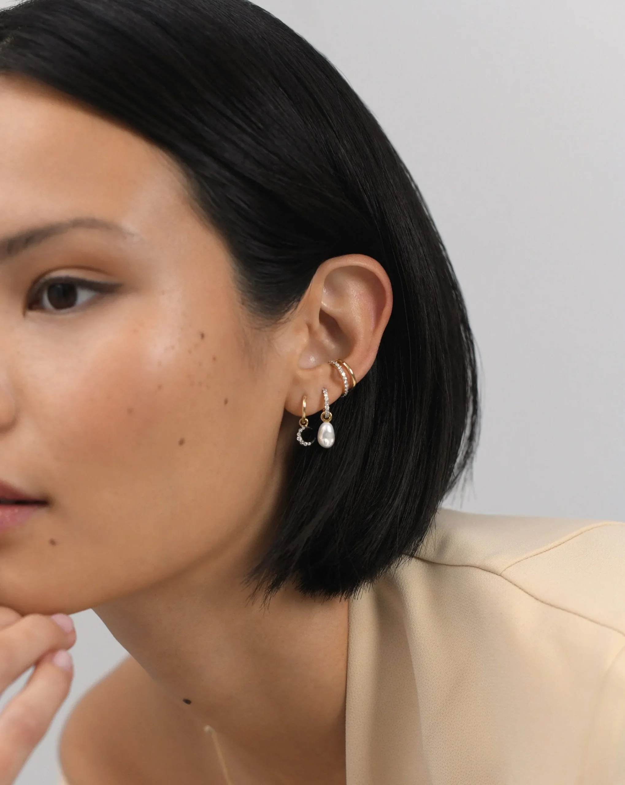Fine Diamond Single Moon Charm Hoop Earring