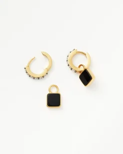 Lucy Williams Square Black Onyx Charm Hoop Earrings