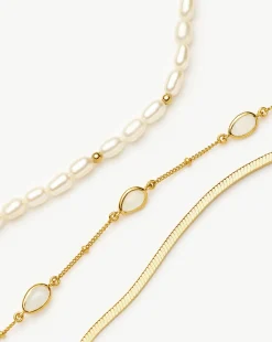 Pearl & Snake Chain Triple Bracelet Set