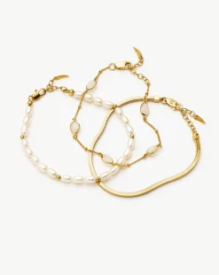 Pearl & Snake Chain Triple Bracelet Set