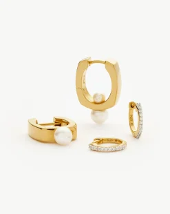 Pearl Square & Pave Small Hoop Earring Set