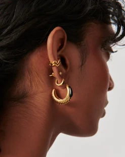 Wavy Ridge Gemstone Medium Hoop Earrings